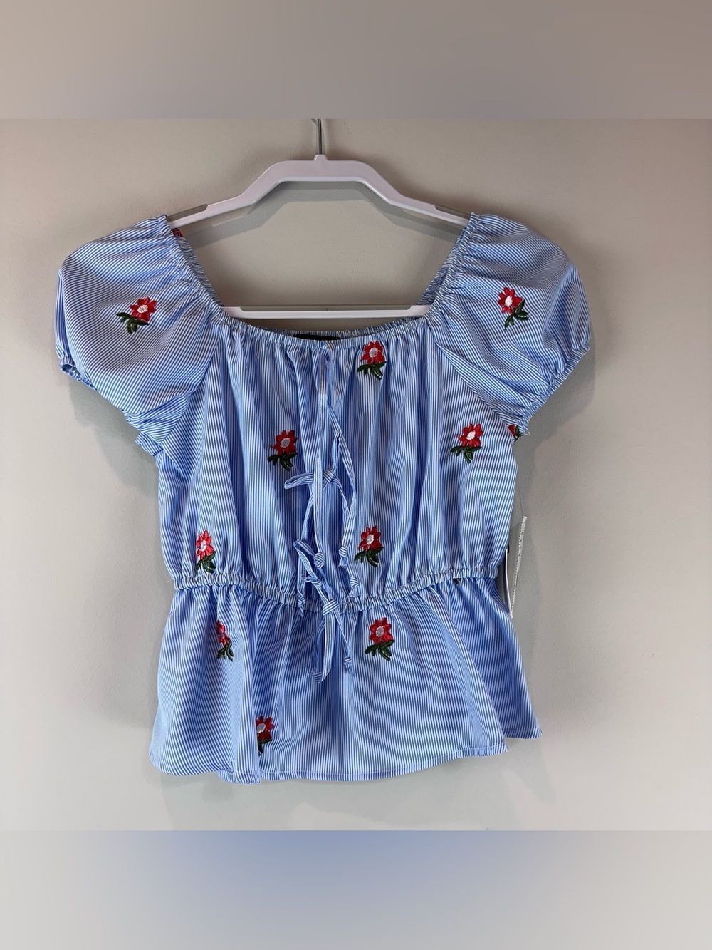 NEW Originality Girl’s Blue White Striped Floral Off The Shoulder Top Large